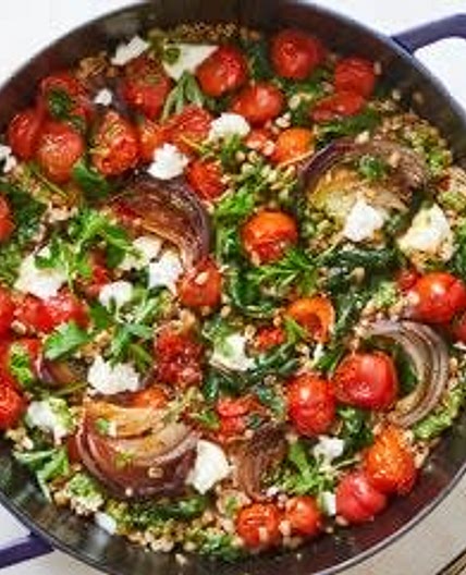 Farro With Blistered Tomatoes, Pesto and Spinach