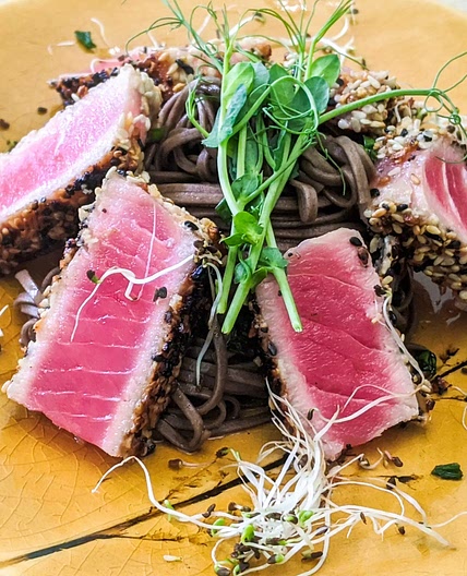 Sesame Crusted Seared Ahi Tuna with cold ponzu soba