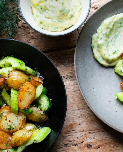 Fried new potatoes, cucumber and rocket mayonnaise