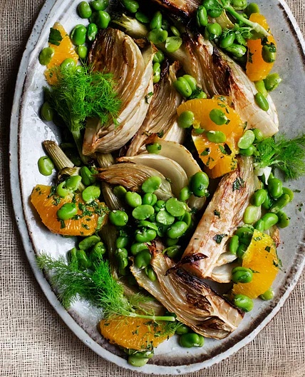Roast fennel, broad beans, orange