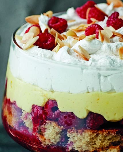 Vegan raspberry, almond, sherry and saffron trifle
