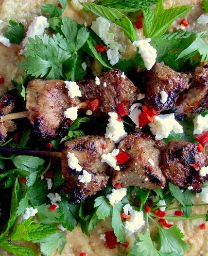 Barbecued lamb, smoky aubergine and feta wraps