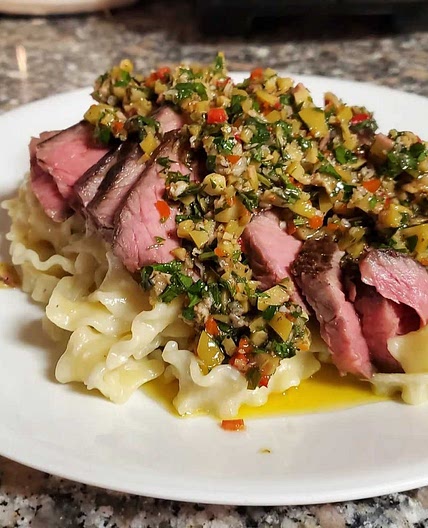 Blue Cheese Steak Green Olive Chimichurri Pasta