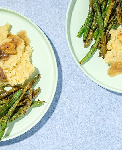 Tofu Marsala with Roasted Mustard Herb Green Beans & Buttery Mashed Potatoes