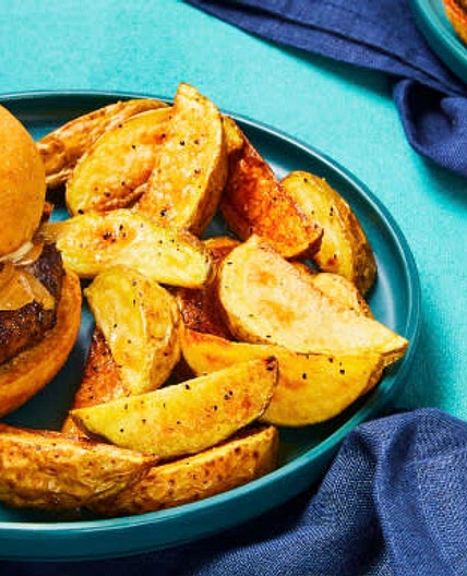 Caramelized Onion Burgers with Dijon Aioli & Potato Wedges