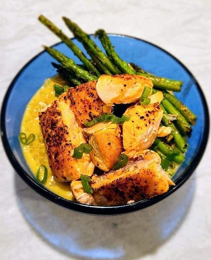 Blackened Salmon Cauliflower Asparagus soup