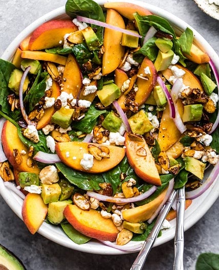 Summer Peach Spinach Salad with Avocado, Toasted Almonds + Goat Cheese