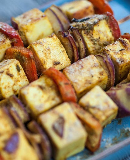 Paneer and red pepper skewers