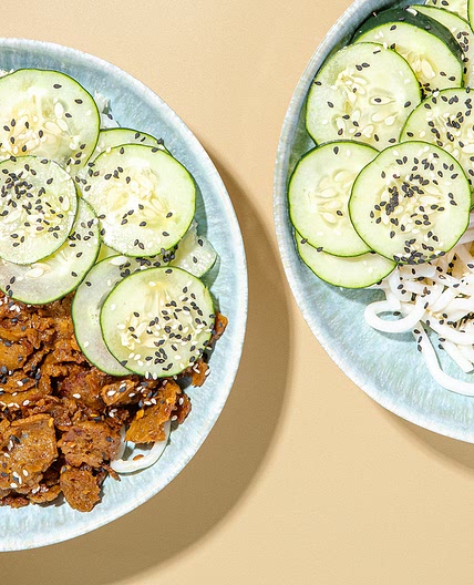 Sticky Apricot Seitan with Udon Noodles & Cucumber Salad