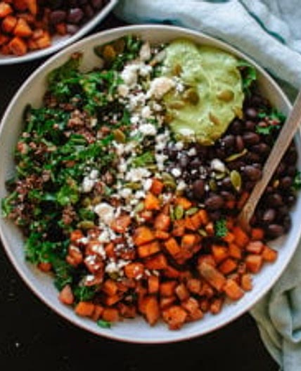 Southwestern Kale Power Salad with Sweet Potato, Quinoa & Avocado Sauce