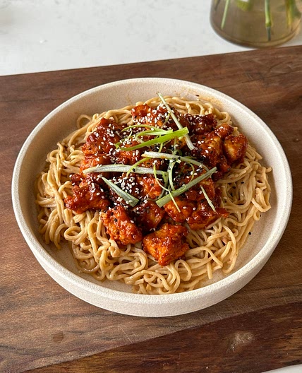 Sticky Gochujang Tofu w/Peanut Noodles