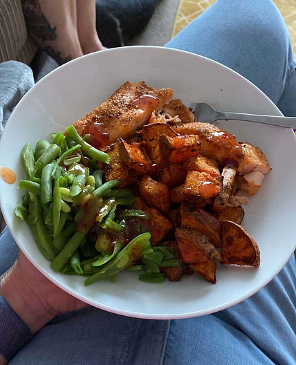 Sweet Chilli Salmon,  Sweet Potato & Veg