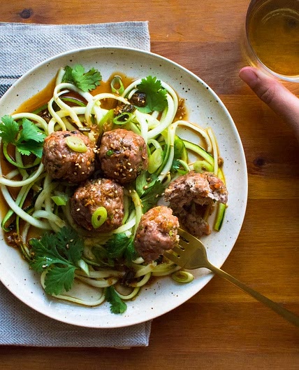 Potsticker meatballs + Zucchini noodles w/charred scallion sauc 