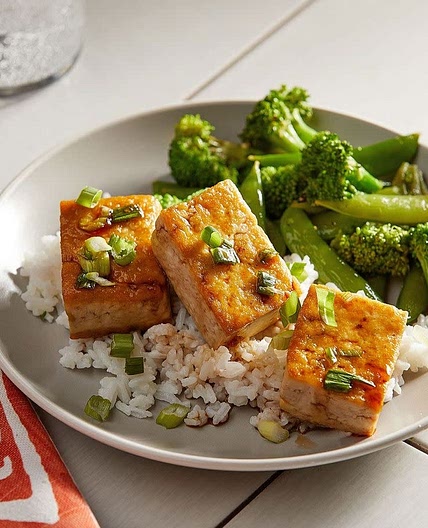 Honey-Garlic Tofu With Sauteed Broccoli and Sugar Snap Peas