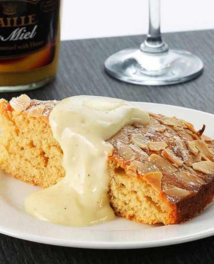 Almond sponge cake, honey mustard crème anglaise
