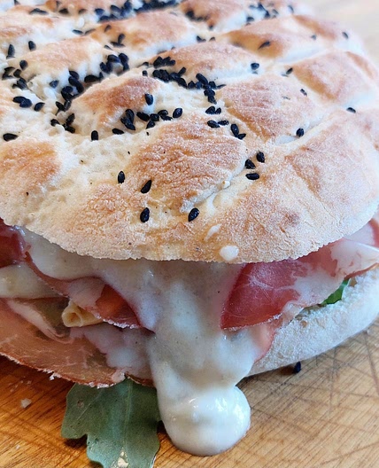 Panini - Coppa, gorgonzola cream and pickled mushrooms.