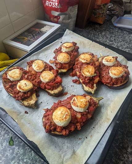 Vegetarian filled aubergines with goat cheese