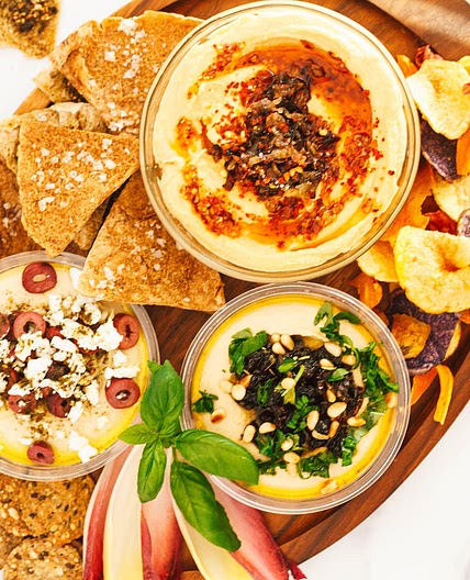 Kalamata Olive, Artichoke Heart, Vegan Feta, and Za’atar Hummus Using a Store-Bought Hummus Base
