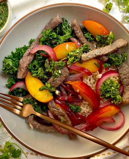 Grilled Peach and Steak Chimichurri Bowl