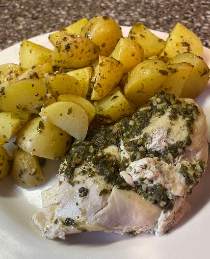 Pesto Chicken with Lemon Potatoes and Pine Nuts