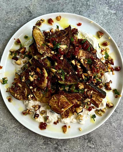 Crisp Roasted Zucchini with Creamy Feta &amp; Sun-dried Tomato &amp; Almond Crumble.