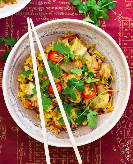 KOREAN STYLE FRIED RICE WITH RADISH KIMCHI AND CABBAGE