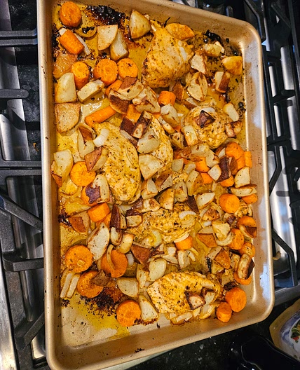 Sheet pan greek chicken, potatoes,  and carrots