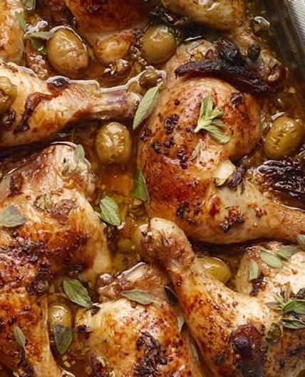 Roast chicken with dates, olives and capers