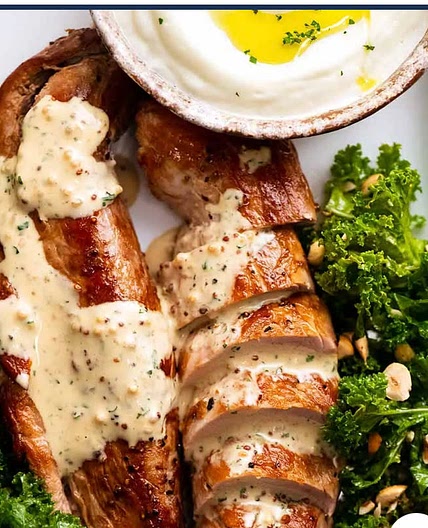 Baked pork tenderloin with mustard sauce
