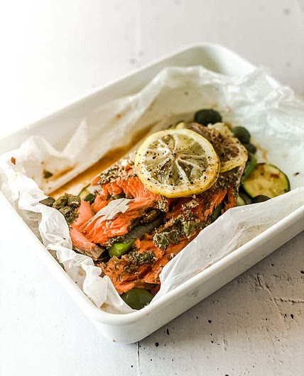 Wild Salmon En Papillote With Greens & Olives