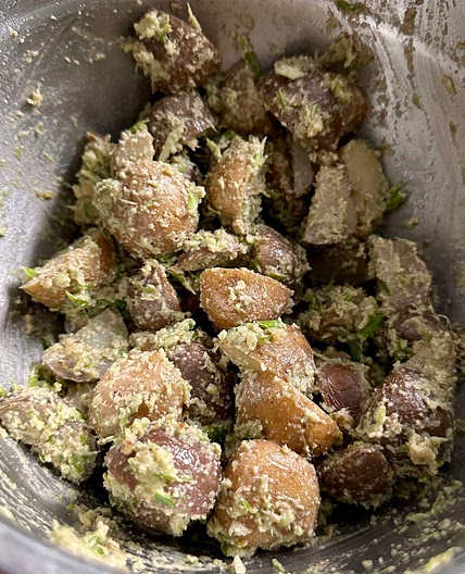 Garlic scape pesto potato salad