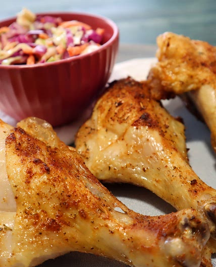 Air Fryer Chicken Thighs with Homemade Coleslaw, the perfect combo.