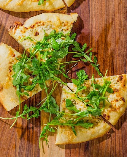 Pour-in-the-Pan Pizza with Parmesan Cream, Fontina and Arugula