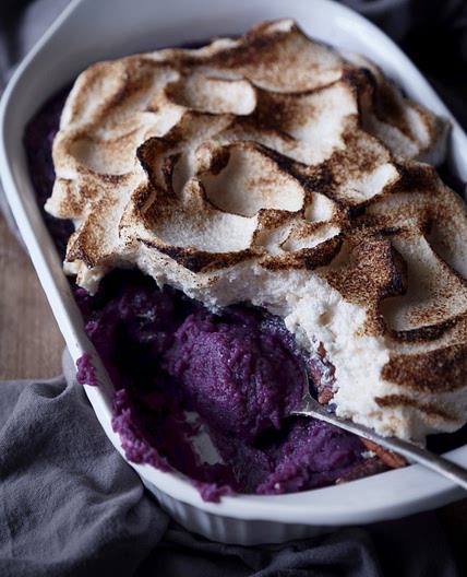 Purple Sweet Potato Casserole with Toasted Marshmallow Meringue