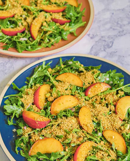 Peach Arugula Salad with Pistachio Dukkah