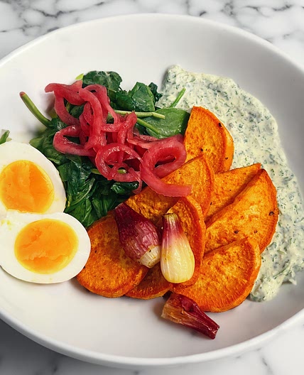 Yum Yam Bowl with Cilantro Spread and Red Pickled Onions