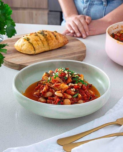 PUTTANESCA-STYLE BUTTER BEANS & ROASTED GARLIC BREAD