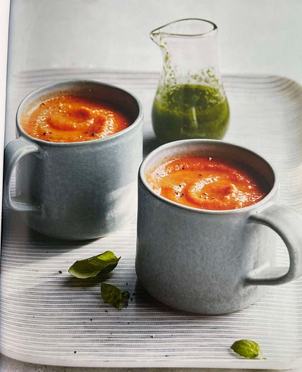 TOMATO-RED PEPPER BISQUE WITH BASIL OIL