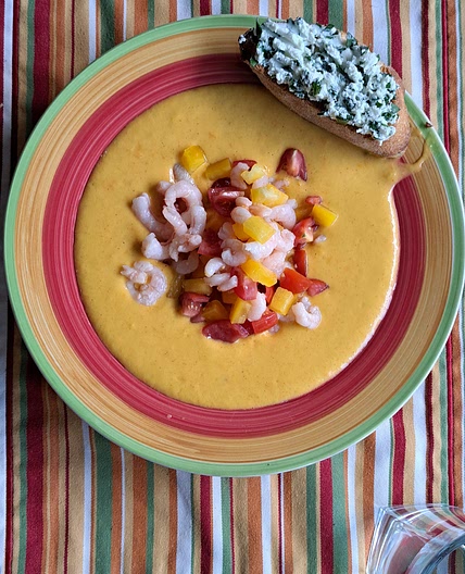 Yellow Gazpacho with Herbed Goat Cheese Toasts