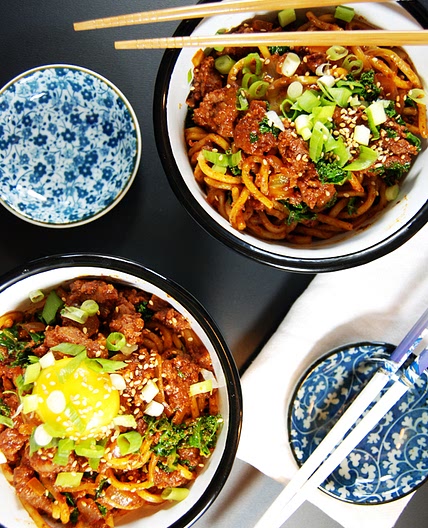 Spicy Pork Chorizo Noodles with Kale and Egg