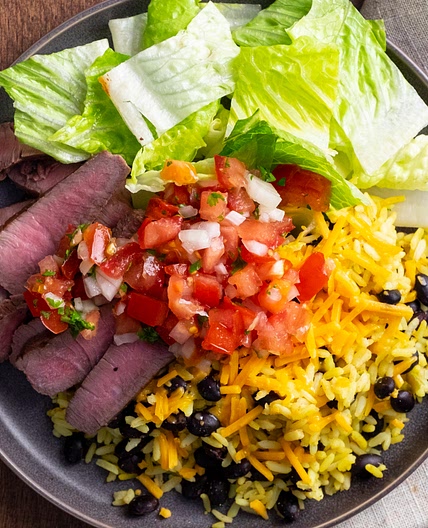 Steak Taco Plate with Rice and Beans