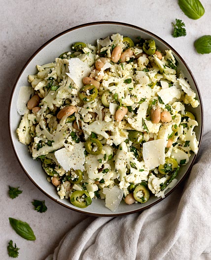 Herby Shaved Raw Cauliflower Salad with White Beans