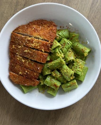 Creamy Broccoli Rigatoni with Crispy Pecorino Chicken