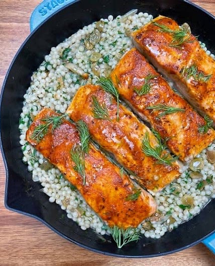 One Pan Harissa Salmon and Couscous