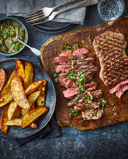 SIRLOIN STEAK WITH CHIMICHURRI AND WEDGES - TOM KERRIDGE