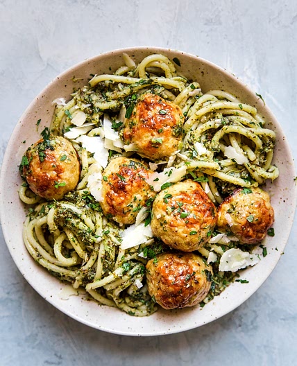 Baked Chicken Meatballs with Broccoli Pesto Pasta