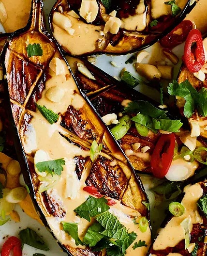 Max La Manna's sticky aubergine and peanut salad