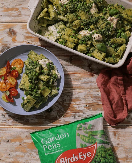 Double Pea Pesto Pasta Bake