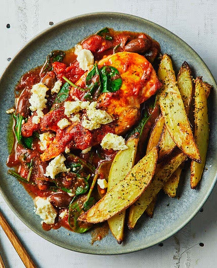 Greek Chicken
with Roast Potato, Spinach and Olives