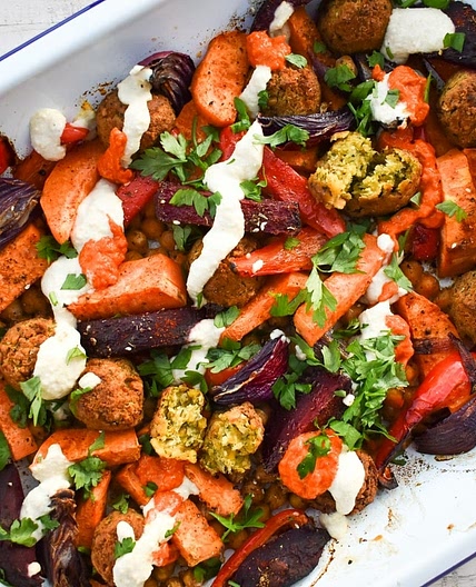 Easy Sweet Potato & Falafel Tray Bake - Roasting Tin Recipe